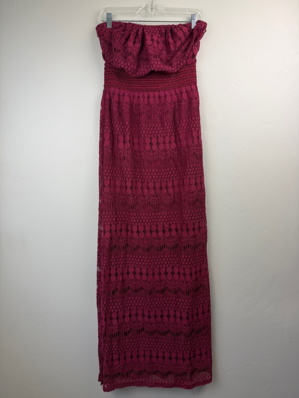 Vanity Room Burgundy Strapless Lace Maxi Dress Size M
